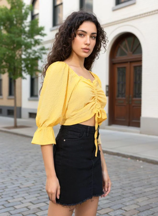 Freehand  Women Fitted Textured Henley Quarter Sleeves Crop Top for Women | Best Price UAE